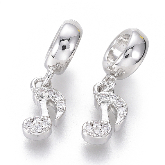 Brass Micro Pave Clear Cubic Zirconia European Dangle Charms, Large Hole Pendants, Musical Note