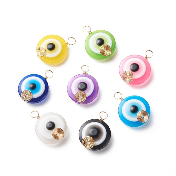 Transparent Evil Eye Resin Pendants, with Copper Wire Wrapped, Mixed Color, Flat Round Charm