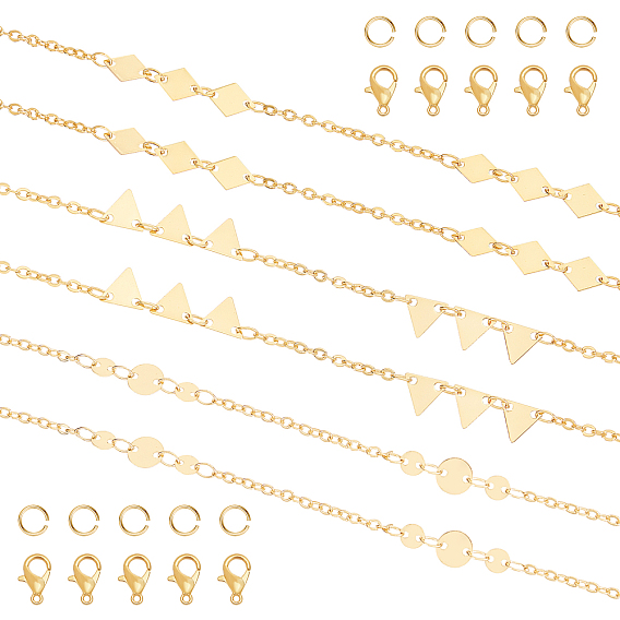 3 стили 3м звенья цепи, с 30 соединительными кольцами и 15 застежками "лобстер", наборы для изготовления ожерелий своими руками, плоский круглый и ромб и треугольник