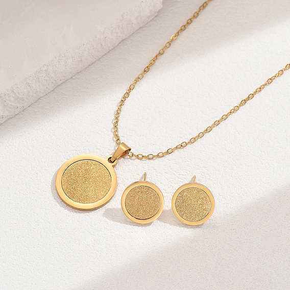 Комплекты из плоских круглых серег-гвоздиков и ожерелий с подвесками из нержавеющей стали для женщин