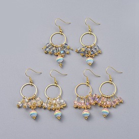 Electroplate Glass Beads Dangle Earrings, with Transparent Stripe Resin Beads, Brass Findings and Earring Hooks