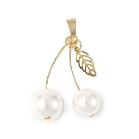 Shell Pearl Round Pendants, Cherry Charms with 304 Stainless Steel Leaf, White