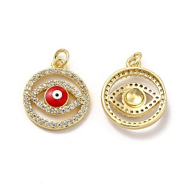Brass Micro Pave Cubic Zirconia Pendants, with Enamel & Jump Ring, Flat Round with Evil Eye Charm, Golden