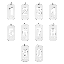 10 piezas 10 estilo 201 colgantes de acero inoxidable, Corte con laser, con anillos de salto, rectángulo con número y palabra suerte