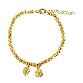 Bracelet à breloques fleur de lotus en acier inoxydable avec perles rondes