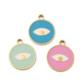 Ion Plating(IP) 316 Surgical Stainless Steel Pendants, Nickel Free, with Enamel, Real 18K Gold Plated, Flat Round with Eye Pattern