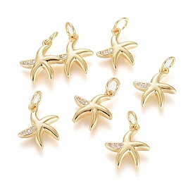Brass Micro Pave Cubic Zirconia Pendants, with Jump Ring, Long-Lasting Plated, Starfish, Real 18K Gold Plated