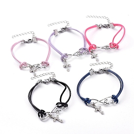 Tibetan Style Alloy Infinity Link & Charm Bracelets, Waxed Polyester Cord with Lobster Claw Clasps and Brass Chains, Cross