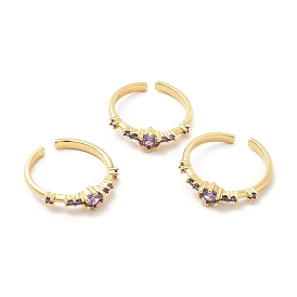 Purple Cubic Zirconia Open Cuff Ring, Rack Plating Brass Jewelry for Women, Cadmium Free & Lead Free