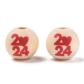Natural Wood European Beads, Large Hole Beads, Printed, Round with Dark Red Figure 2024