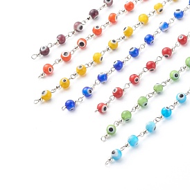 Handmade Round Evil Eye Lampwork Beaded Chain, with 304 Stainless Steel Cable Chain, Soldered, Stainless Steel