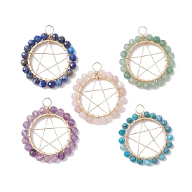 Mixed Gemstone Faceted Round Copper Wire Wrapped Pendants, Pentagram Charms, Mixed Dyed and Undyed, Golden