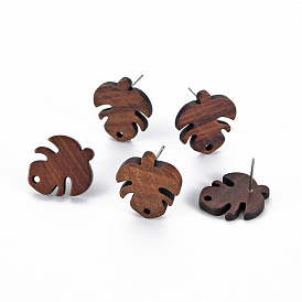 Walnut Wood Stud Earring Findings, with 304 Stainless Steel Pin, Leaf