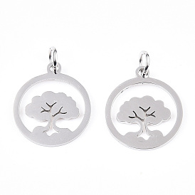 304 Stainless Steel Pendants, with Jump Ring, Flat Round with The Tree of Life