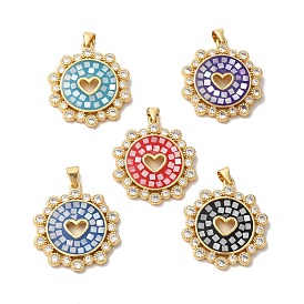 Brass Micro Pave Cubic Zirconia Pendants, with Enamel & Shell, Long-Lasting Plated, Lead Free & Cadmium Free, Real 18K Gold Plated, Heart with Round Tartan