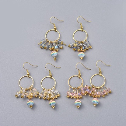 Electroplate Glass Beads Dangle Earrings, with Transparent Stripe Resin Beads, Brass Findings and Earring Hooks