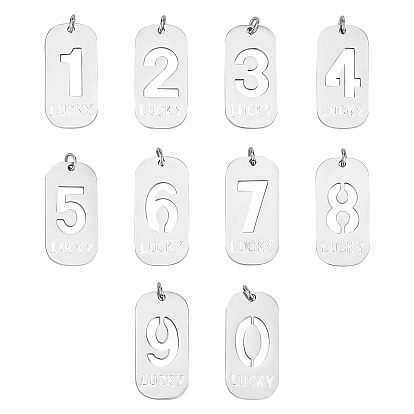 10 piezas 10 estilo 201 colgantes de acero inoxidable, Corte con laser, con anillos de salto, rectángulo con número y palabra suerte