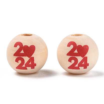 Natural Wood European Beads, Large Hole Beads, Printed, Round with Dark Red Figure 2024