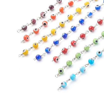 Handmade Round Evil Eye Lampwork Beaded Chain, with 304 Stainless Steel Cable Chain, Soldered, Stainless Steel