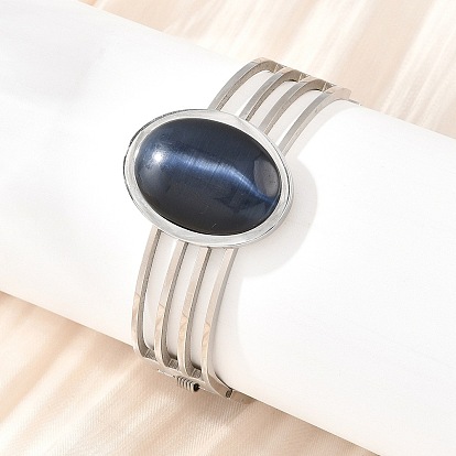 Овальный черный «кошачий глаз» 304 браслеты-манжеты из нержавеющей стали с многожильным шарниром для женщин