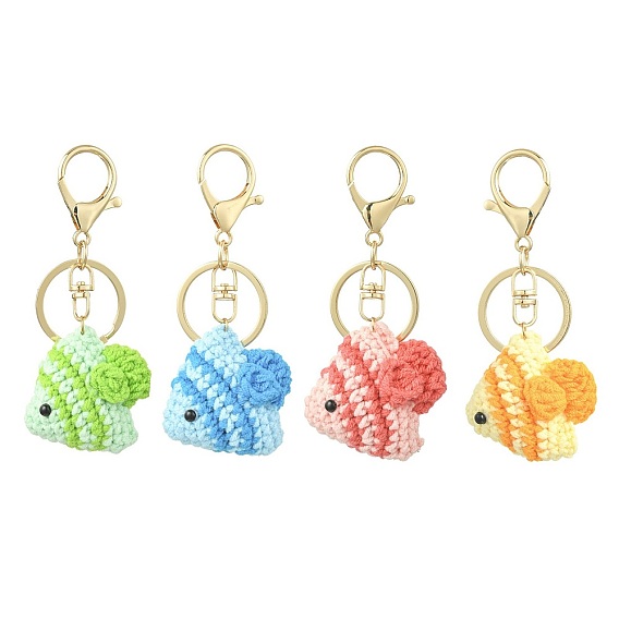 4Pcs 4 Styles Wool Weaving Tropical Fish Keychains, with Lobster Claw Clasps, Platinum