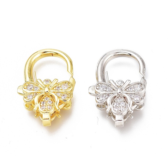 Brass Micro Pave Clear Cubic Zirconia Lobster Claw Clasps,  Insect