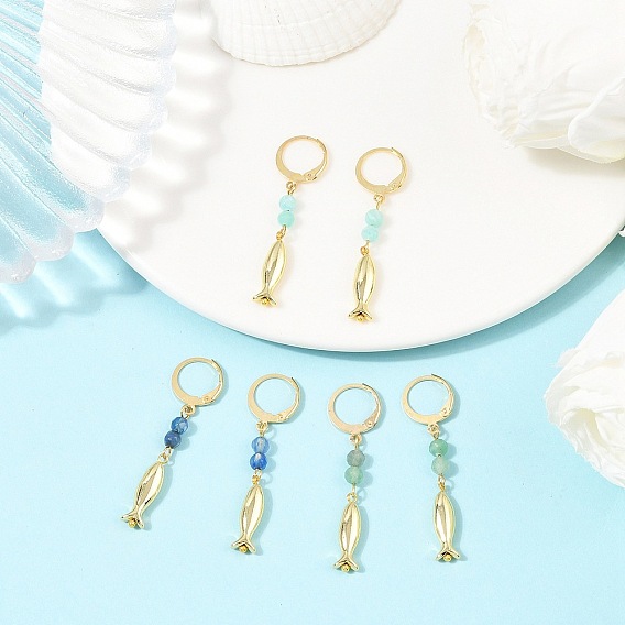 3 пары 304 серьги с застежкой-молнией из нержавеющей стали с бусинами из драгоценных камней, с медной рыбой