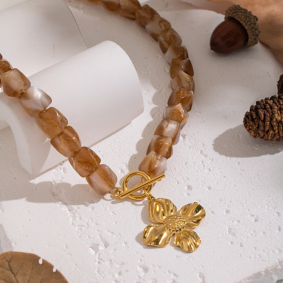 Винтажные ожерелья из многоугольных бусин из смолы, с 304 фурнитурой из нержавеющей стали, реальный 18 k позолоченный