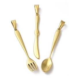 PVD Vacuum Plating 304 Stainless Steel Big Pendants, Golden, Tableware Charm, Spoon/Knife/Fork