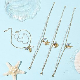 Ocean 304 Stainless Steel Sea Animals & Handmade Flower Printed Porcelain Ceramic Charm Anklets, Natural Cultured Freshwater Pearl Beaded Chain Anklets, White