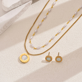 Элегантный 201 комплект из двухслойных ожерелий и сережек-гвоздиков из нержавеющей стали, с имитацией жемчуга, плоские круглые с римскими цифрами