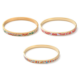 304 Stainless Steel Hinged Bangles for Women, with Enamel, Real 18K Gold Plated