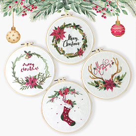 Christmas Theme Wreath/Deer/Sock Embroidery Starter Kits, including Embroidery Fabric & Thread, Needle, Instruction Sheet and Imitation Bamboo Embroidery Hoop