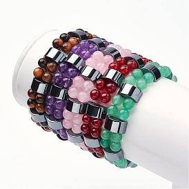 Natural Gemstone Stretch Bracelets, with Non-Magnetic Synthetic Hematite Beads