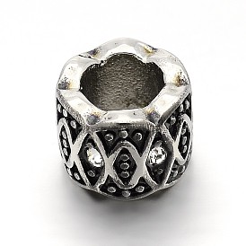 Retro 304 Stainless Steel Grade A Rhinestone Beads, Column, Antique Silver, 8.5x11mm, Hole: 6mm