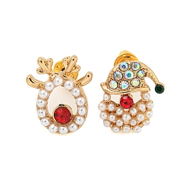 Christmas Deer/Snowflake/Bell Alloy Colorful Rhinestone & Plastic Asymmetrical Stud Earrings for Women, with Brass Pins, Golden