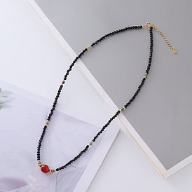 Vintage Style Natural Black Tourmaline & Faceted Red Agate Beaded Necklaces with 925 Sterling Silver Clasps