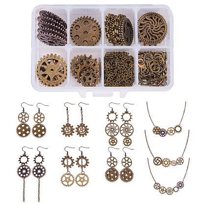 DIY Earring and Necklaces Making, with Gear Tibetan Style Alloy Pendants, Iron Open Jump Rings and Brass Earring Hooks