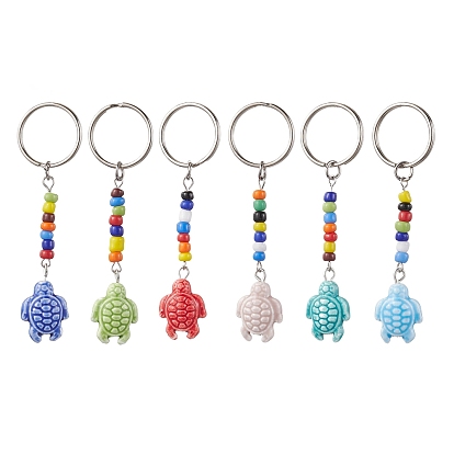 Брелок для ключей из процелина ручной работы, со стеклянной бусиной и железными брелоками для ключей, черепаха