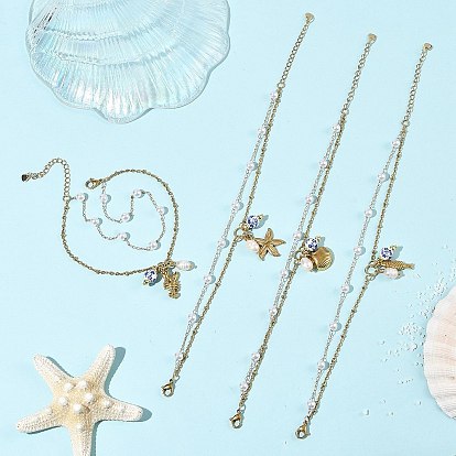 Ocean 304 Stainless Steel Sea Animals & Handmade Flower Printed Porcelain Ceramic Charm Anklets, Natural Cultured Freshwater Pearl Beaded Chain Anklets, White