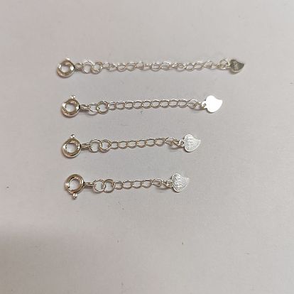 4 piezas 4 tamaño 925 extensor de cadena de eslabones de plata esterlina, cadenas finales con lengüetas de cadena de corazón y cierres de anillo de resorte