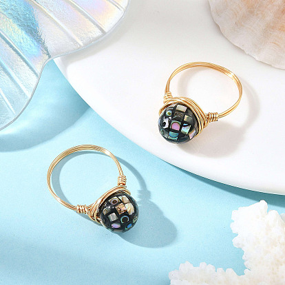 Eco-Friendly Copper Wire with Natural Abalone Shell Beads Finger Rings, Round