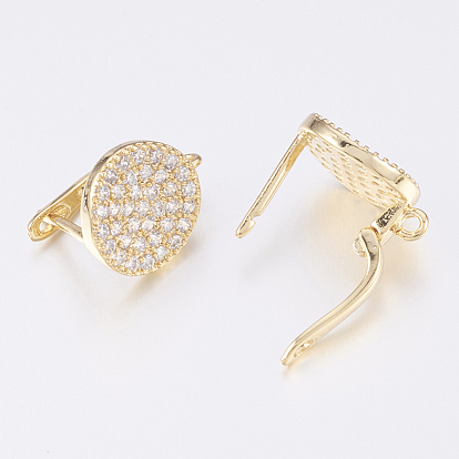 Brass Micro Pave Cubic Zirconia Hoop Earring Findings with Latch Back Closure, Flat Round