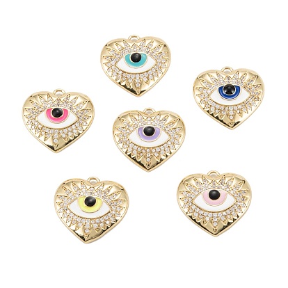 Brass Micro Pave Clear Cubic Zirconia Pendants, with Enamel, Long-Lasting, Heart & Eye, Real 18K Gold Plated