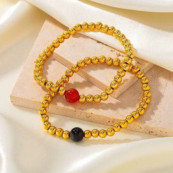 304 браслеты из круглой нержавеющей стали с бусинами для женщин, с природных драгоценных камней