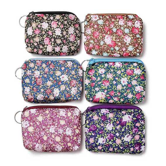 Rose Flower Pattern Cotton Cloth Wallets, Change Purse, with Zipper & Iron Key Ring