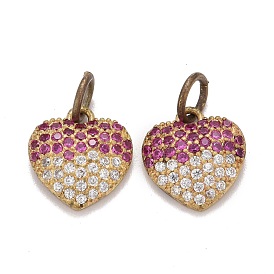 Brass Micro Pave Medium Violet Red & Clear Cubic Zirconia Charms, with Jump Ring, Heart