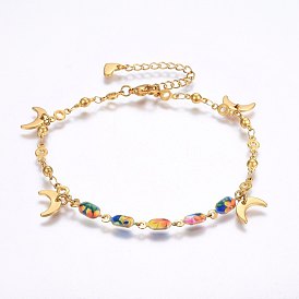 304 de acero inoxidable de las pulseras del encanto, Con broches de garra de langosta y esmalte, luna
