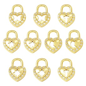 10Pcs 5 Style Brass Micro Pave Cubic Zirconia Pendants, Long-Lasting Plated, Real 18K Gold Plated, Cadmium Free & Lead Free, Heart Padlock