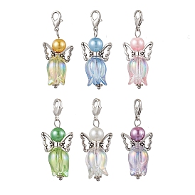 6Pcs Acrylic Angel Tulip Pendant Decorations, Alloy Lobster Claw Clasps Charms for Bag Ornaments